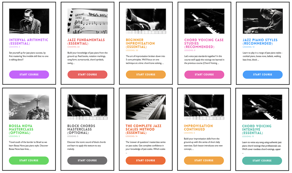 10 Julian Bradley jazz piano courses shown next to each other